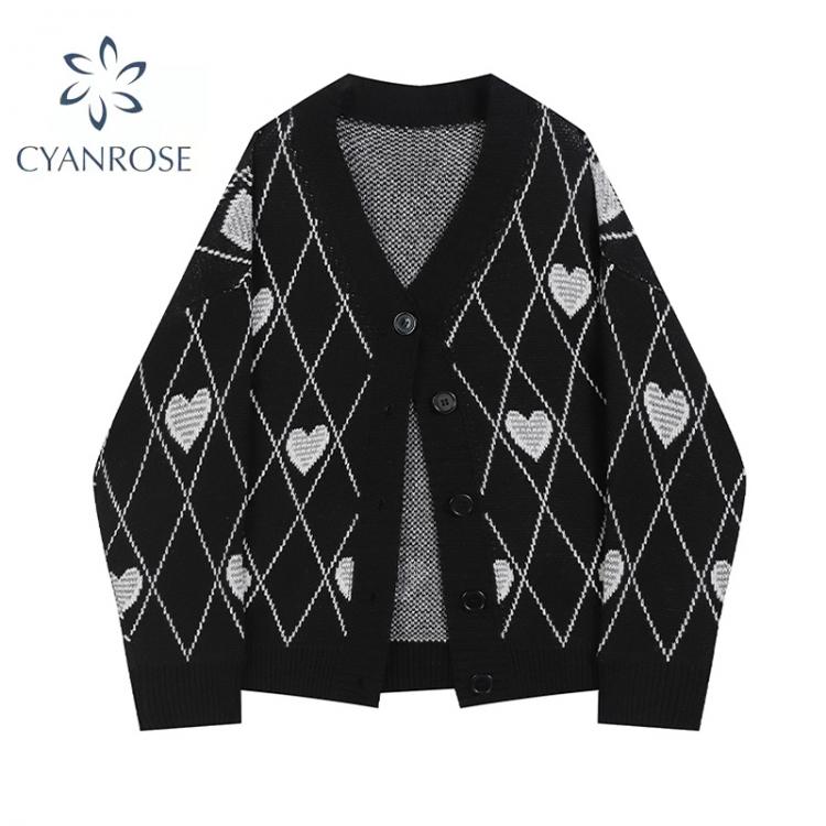 all in one place בגדי נשים Gothic Style Fashion Oversized Black Cardigan For Women Sweater Long Sleeve V-neck Harajuku Loose Vintage Knitwear Tops Coat