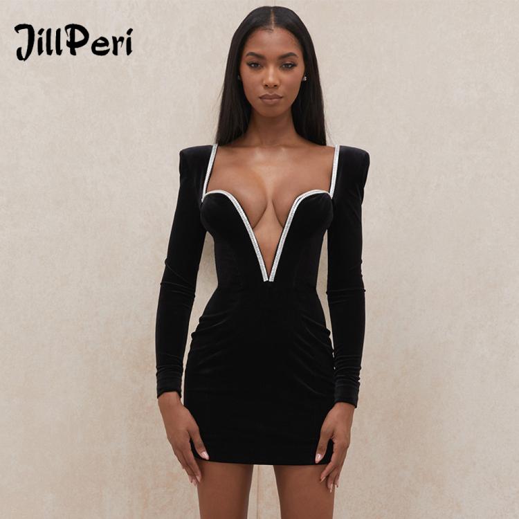 all in one place בגדי נשים JillPeri Long Sleeve Sexy Deep V Neck Wired Diamante Crystal Padded Shoulder Bodycon Outfits Women Winter Velvet Party Dress