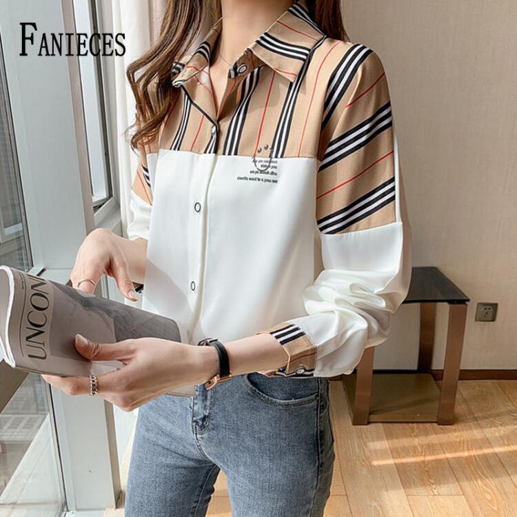 all in one place בגדי נשים FANIECES Autumn Office Lady Blouses Femme Long Sleeve Lapel Leopard Women's Elegant Striped Shirt Top Blusas y camisas Блу