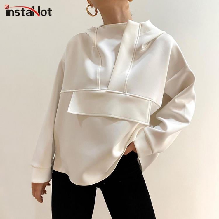 all in one place בגדי נשים InstaHot Fashion Women Hoodies Oversize Asymmetric Hem Solid Black White Autumn Sweatshirt Loose Streetwear Hooded Pullover Tops