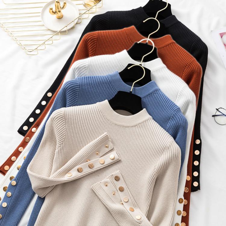 all in one place בגדי נשים casual autumn winter women thick sweater pullovers long sleeve button o-neck chic Sweater Female Slim knit top soft jumper tops