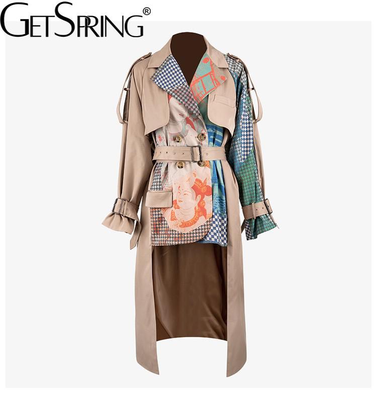 all in one place בגדי נשים GetSpring Women Trench Coat Asymmetry Hem Long Print Coat Long Sleeve Single Breasted Women Windbreaker Woman Tops Autumn Winter