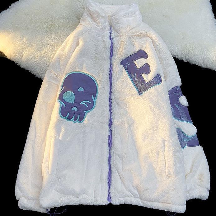 all in one place בגדי נשים 2021 new Winter embroidery letters imitation rabbit fur zipper jacket women loose street furry Y2K casual all-match jacket ins