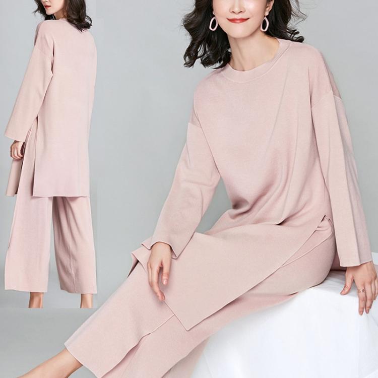 all in one place בגדי נשים New Brief Elegant Two-piece Set Women's Loose O-neck Knitted Pullover Side Slit Long Sleeve Sweater Dresses&pants High Qu