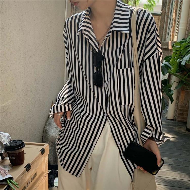 all in one place בגדי נשים HziriP Oversize Striped Shirts Hot Chic Femme Women All Match Tops 2021 New Basic Full Sleeves Loose Autumn Sunscreen Casual