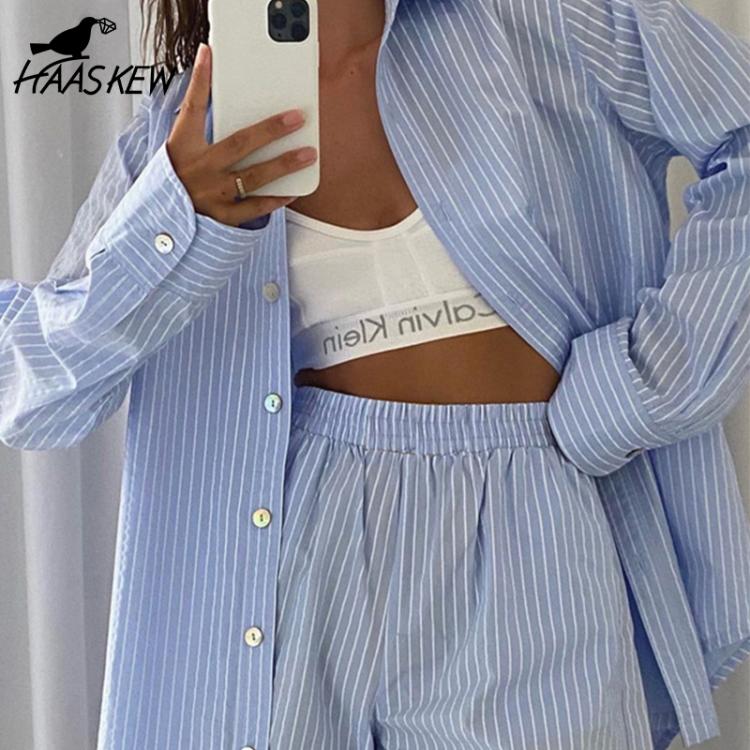 all in one place בגדי נשים HAASKEW Loung Wear Tracksuit Women Shorts Set Stripe Long Sleeve Shirt Tops And Loose High Waisted Mini Shorts Two Piece Set