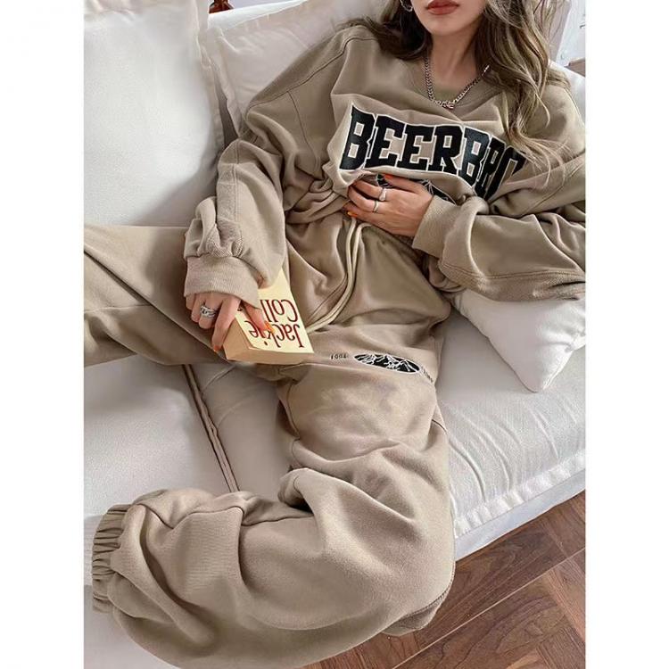 all in one place בגדי נשים American retro fashion sweatshirt suit women spring and autumn new letter embroidery oversized ins street casual two-piece suit