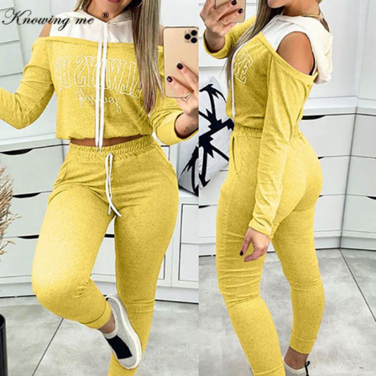 all in one place בגדי נשים Autumn Spliced Tracksuit set women Crop top + long pants 2pcs set Elegant Spring sexy off shoulder hooded pullover outfit set