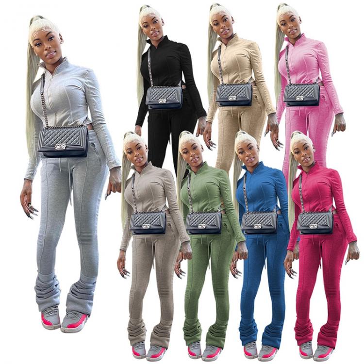 all in one place בגדי נשים Women Solid Two Piece Set Autumn Winter Long Sleeve Zipper Track Jacket And Ruched Drawstring Flare Pants 2021 Casual Outfits