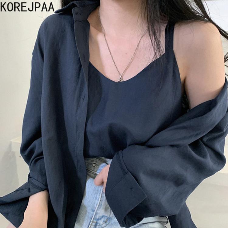 all in one place בגדי נשים Korejpaa Women Shirt Sets 2021 Korean Fashion Simple Casual Lapel Single Breasted Loose Shirt and Suspender Vest Two-piece Set