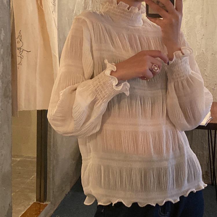 all in one place בגדי נשים Alien Kitty Solid Pleated Stand Chiffon Light Fairy Basic Sweet Blouses 2020 Cute Chic All Match Casual Female Basic Shirts