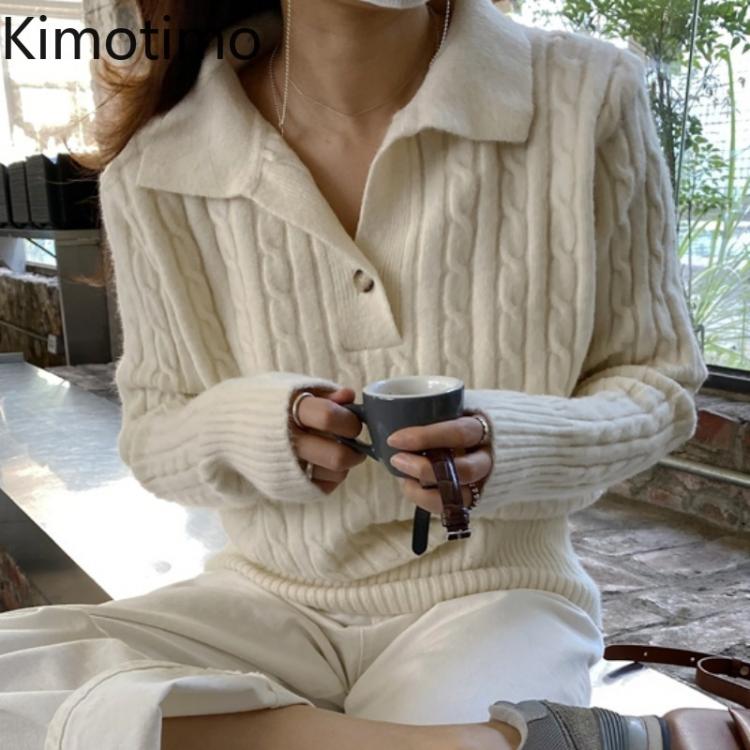 all in one place בגדי נשים Kimotimo Solid Twist Pullover Women Korean Chic Lazy Simplicity Turn-down Collar Sweater Autumn Winter Fashion Long Sleeve Tops