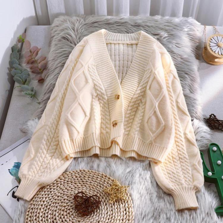 all in one place בגדי נשים XiaoXiangFeng  Top Sweater Autumn And Winter Korean Loose And Lazy Style Lantern Sleeve Short Knitted Cardigan For Women
