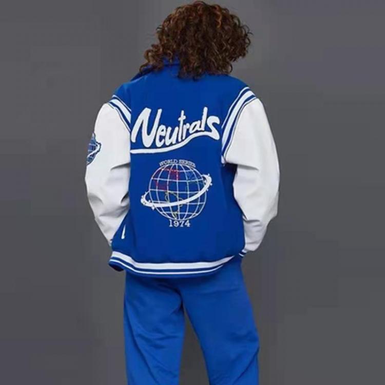 all in one place בגדי נשים Neutrals Blue Varsity Bomber Jacket Women Contrast Sleeve PU Leather Coat Women Embroidery Casual Baseball Winter Clothes Women