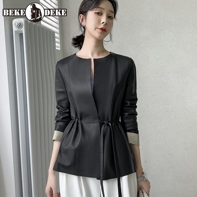 all in one place בגדי נשים 2021 New Genuine Leather Jackets Casual Womens O-Neck Concise Black Elegant Korean Style Office Lady Fashion Vintage Coat
