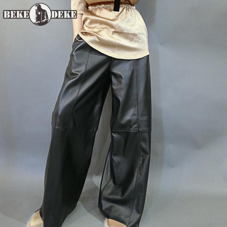 all in one place בגדי נשים Fashion Women Loose Sheepskin Genuine Leather Pants Elastic Waist Office Ladies Casual Wide Leg Pants New Streetwear Trousers