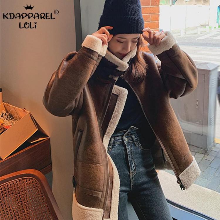 all in one place בגדי נשים Women's Coat Aviator Motorcycle Jacket Faux Suede Fur Stand Collar Imitation Lambswool Handsome Female Autumn Winter Spring N