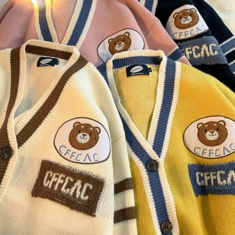 all in one place בגדי נשים Bear Women Cardigan Knitted Sweater Autumn Winter Long Sleeve V neck Jumper Cardigans Casual Streetwear Fashion cute Couple Coat