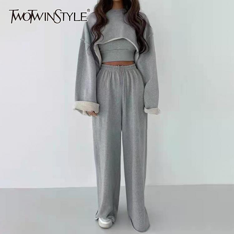 all in one place בגדי נשים TWOTWINSTYLE White Three Piece Set For Women O Neck Long Sleeve Tops Sleeveless Vest Wide Leg Pants Female Casual Sets 2021 New