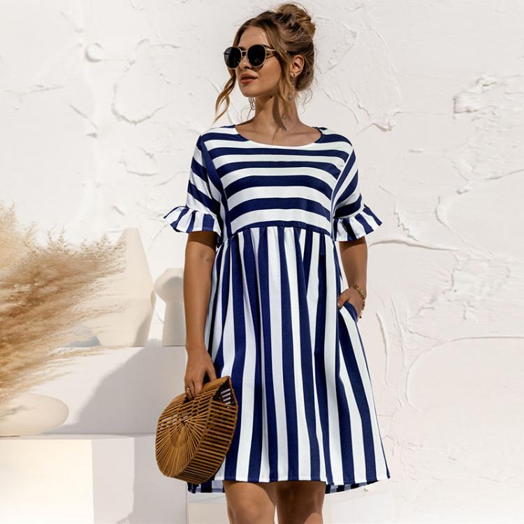 all in one place בגדי נשים Women Summer Dress Cute Loose Striped Print Ruffles Sleeves Dresses Elegant A Line Patchwork Beach Party Female Dress Vestidos