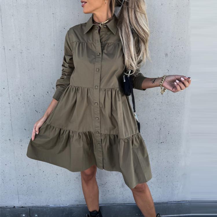 all in one place בגדי נשים Women Elegant Solid Long Sleeve Button Party Dress Fall Fashion Lapel Pleated Ruffle Female Mini Dress Casual Loose Shirt Dress