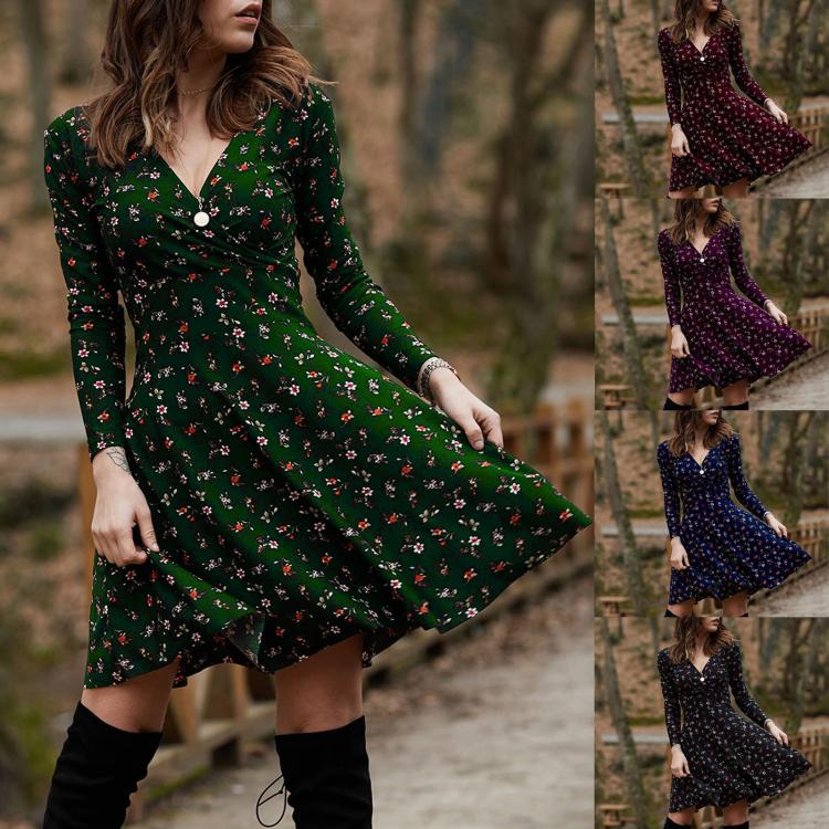 all in one place בגדי נשים Autumn Boho Floral Print Dress Women Long Sleeve Pleated Dresses V Neck Beach Mini Elegant Dress Female Roupa Feminina