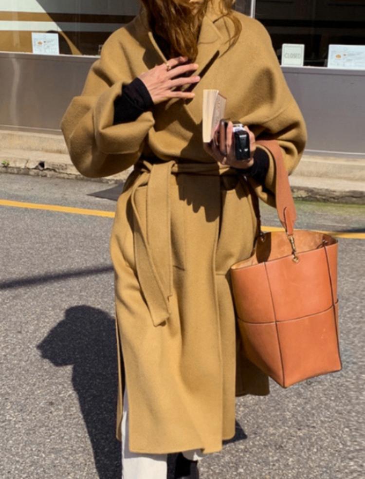 all in one place בגדי נשים Wool coat with belt chic bat wing long sleeve pocket loose coat female autumn and winter coat ladies elegant solid color long se