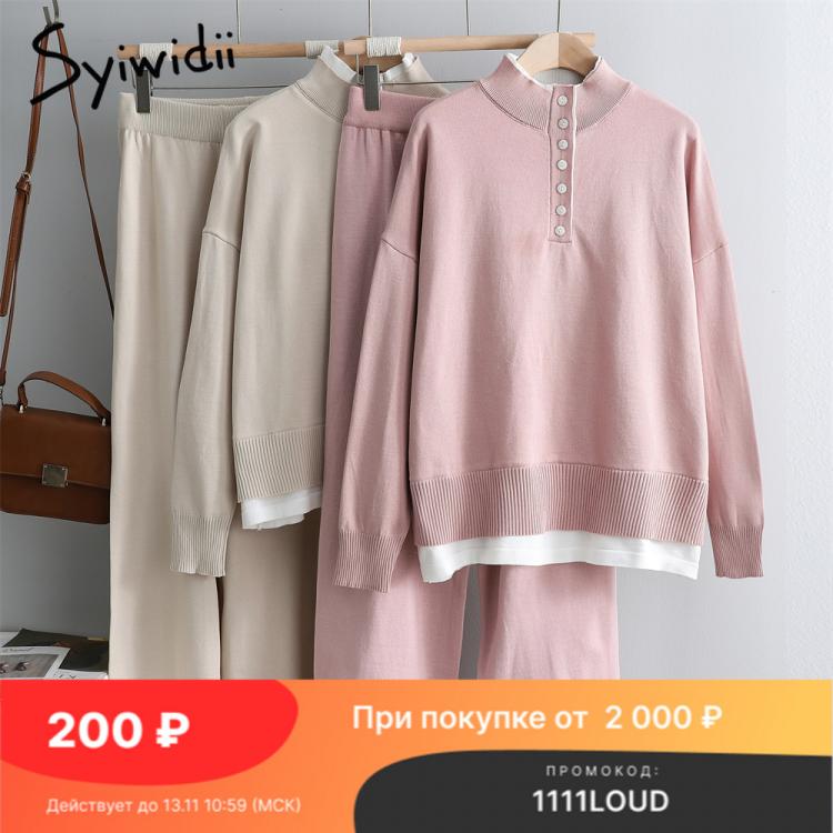 all in one place בגדי נשים Syiwidii 2 Pieces Set Women Pink Knitted Tracksuit Sweater Wide Leg Jogging Pants Pullover Sweater Set CHIC Knit Outerwear 2021