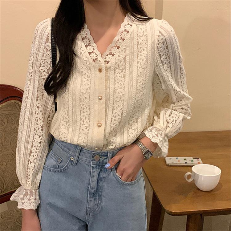 all in one place בגדי נשים Alien Kitty Beige Lace Shirts Sweet V-Neck Bottoming Florals Plus Size Office Lady Autumn 2021 Hot New Chic Gentle Women Tops