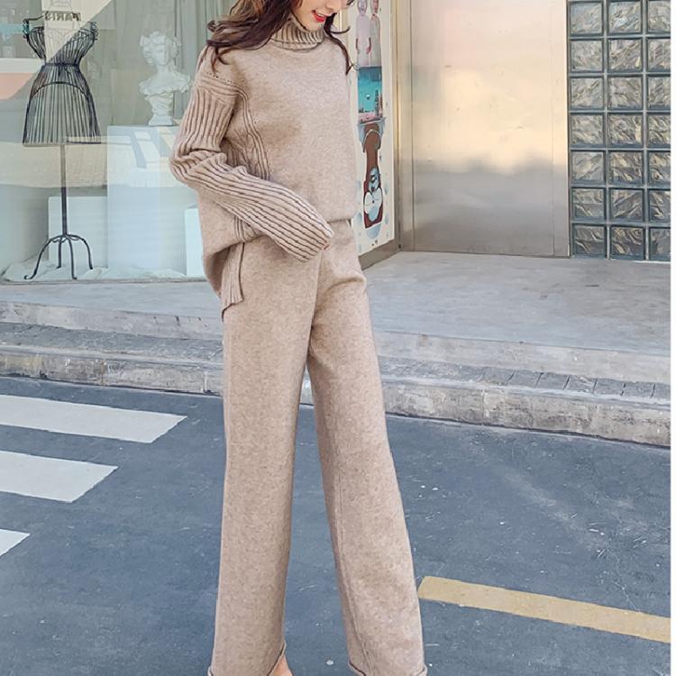 all in one place בגדי נשים 2020 Autumn Women Casual Two-Pieces Set Solid Wool knitted Turtleneck Sweater Wide Leg Pants Elegant Fashion Female Office Lady