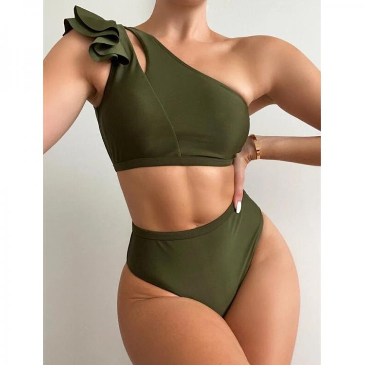 all in one place בגדי נשים Solid Bikini Set High Wasted Ruffle Push Up Swimsuit Women 2 Pieces Green Swimwear Sexy Bathing Suits Summer Beach Wear Biquini