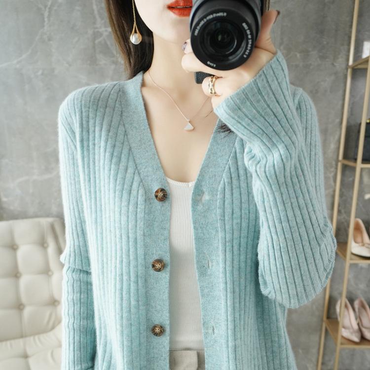 all in one place בגדי נשים 2021 Spring New Pure Wool Cardigan Women V-Neck Knitted Long-Sleeved Cashmere Sweater Outer Jacket Loose And Wild Warm Top Thick