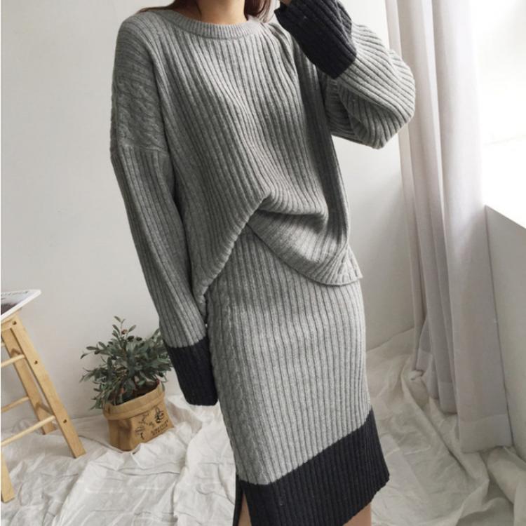 all in one place בגדי נשים Women Knitting Sweater Top + Split Skirt 2 Piece Set Loose Casual Oversize Korean Style Dress Suit Office Lady Elegant Vestirdo