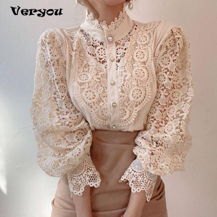 all in one place בגדי נשים Petal Sleeve Stand Collar Hollow Out Flower Lace Patchwork Shirt Femme Blusa All-match Women Blouse Chic Button Top Women Shirt