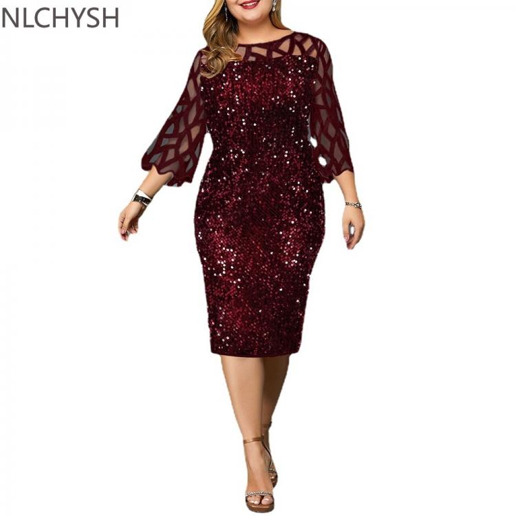 all in one place בגדי נשים Party Dress Plus Size Ladies Midi Sequin Mesh Long Sleeve Lace Elegant Bodycon XL-4XL 5XL Evening Dresses Woman Summer 2021