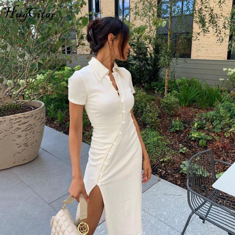 all in one place בגדי נשים Hugcitar 2020 Short Sleeve Buttons Patchwork Slit Sexy Dress Autumn Winter Women Fashion Streetwear Outfits Party Elegant Wear