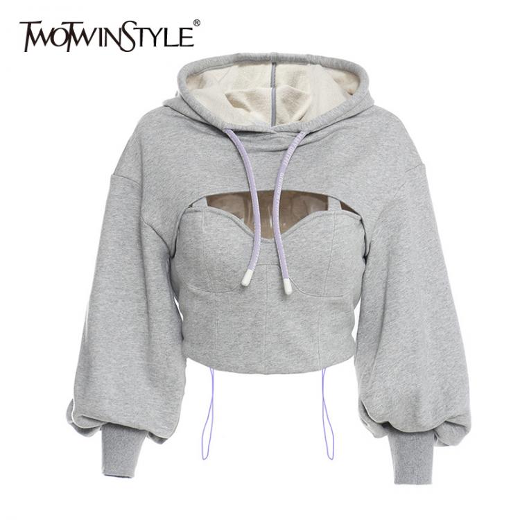 all in one place בגדי נשים TWOTWINSTYLE Hollow Out Gray Sweatshirt For Women Hooded Collar Long Sleeve Fake Two Casual Short Tops Female 2020 Fashion Fall