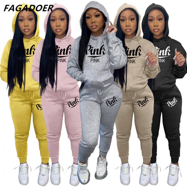 all in one place בגדי נשים FAGADOER Hoodies Tracksuit 2 Two Piece Set Women Pink Letter Print Hooded Sweatshirt + Pants Sweatsuits Outfits Femme Mujer 2021