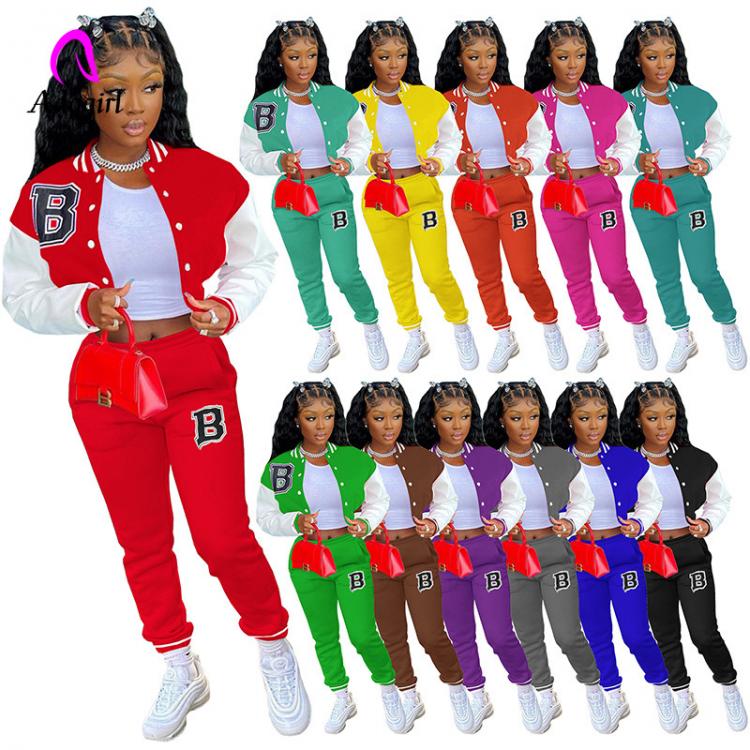 all in one place בגדי נשים Fitness Women 2 Piece Set Letter Patchwork Crop Jacket Slim Jogging Pants Matching Set 2022 Autumn Winter New Workout Jogger Set