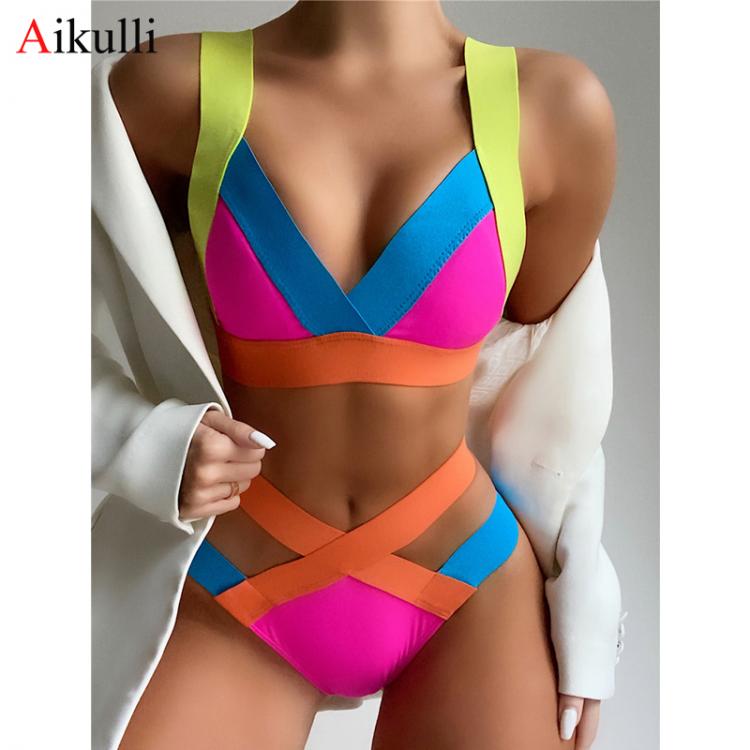 all in one place בגדי נשים Sexy Splicing High Waist Bikinis Swimsuit Women Push Up Swimwear Colorblock Swimsuit Strap Biquini Female Bathing Suit Beachwear