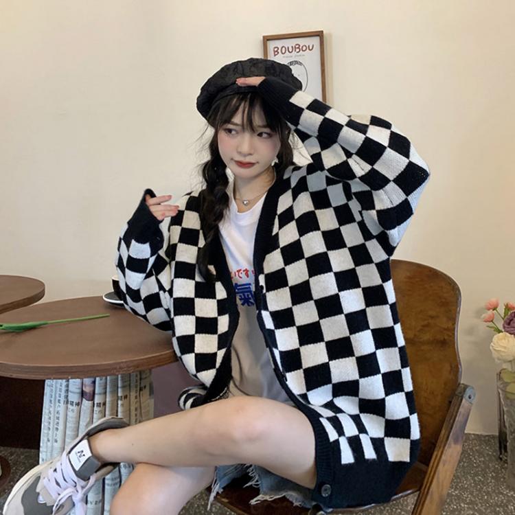 all in one place בגדי נשים Harajuku Winter fashion pullover ladies V Neck black plaid streetwear Cardigan sweater student korean knit jumper top Women