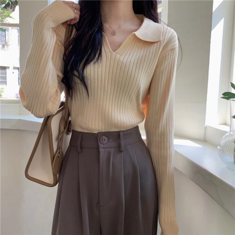 all in one place בגדי נשים HziriP Hot 2021 New Autumn Women Sweater Turn-Down Collar Knitted V-Neck Long-Sleeved Solid Color Vintage Fashion Basic Pullover