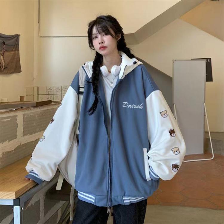 all in one place בגדי נשים Blue Print Casual Loose Jacket Baseball Jacket Hooded Women's Coat Women's 2021 Autumn Winter Coat New Sports Style