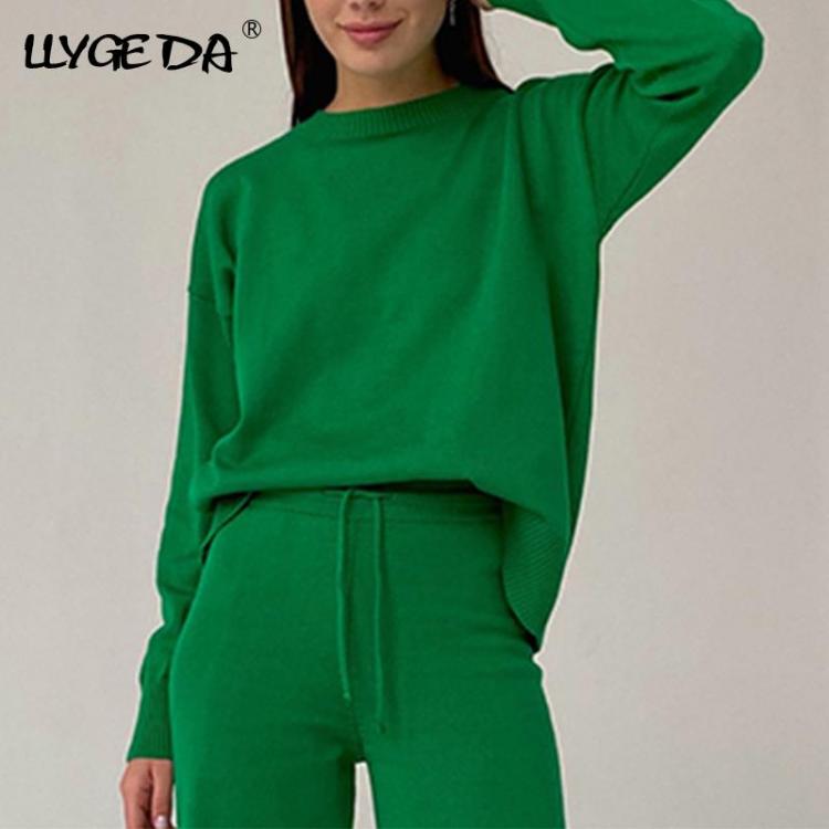 all in one place בגדי נשים Knitted Sweater Women's Suit Loose Casual Pullover Wide Leg Pants Set Woman 2 pieces Suits Female 2021 Winter Ladies Sets