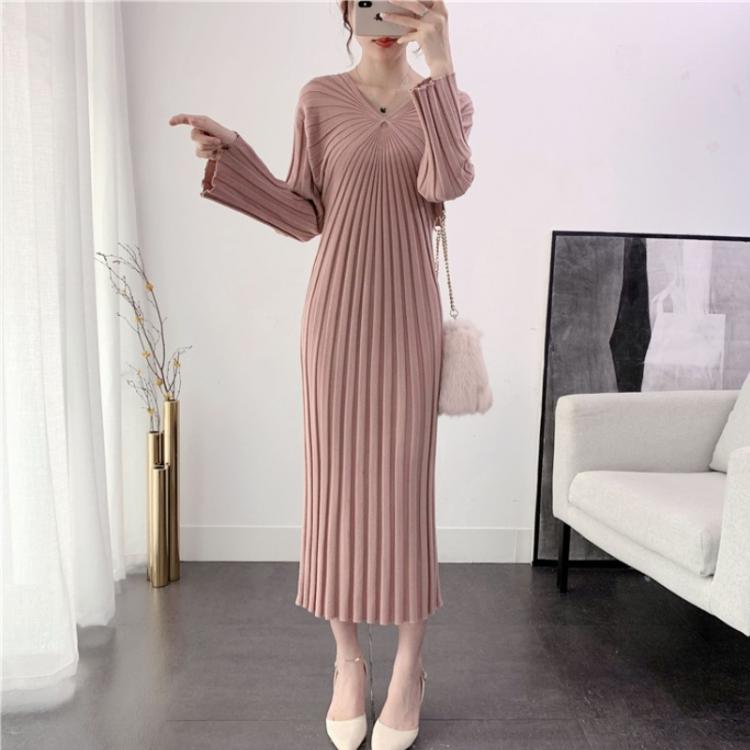 all in one place בגדי נשים Women Knitted Sweater Maxi Dresses Autumn Winter A-line Casual Long Sleeve Vestido Office Fashion Korean V Neck Midi Robe