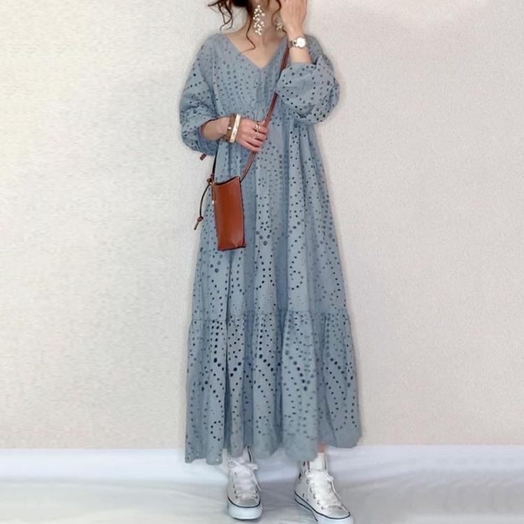 all in one place בגדי נשים Long Dress Japan Korean Fashion Blue Lace Casual Oversize A Line V Neck Drapped Streetwear 2021new Lady Maxi Summer Young Girl