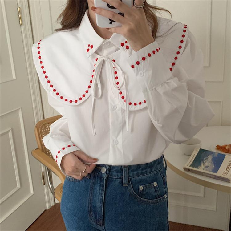 all in one place בגדי נשים Alien Kitty White Detachable Peter Pan Collar Polka Dots Shirts Embroidery 2021 Sweet Women Blouses Loose Chic Office Lady