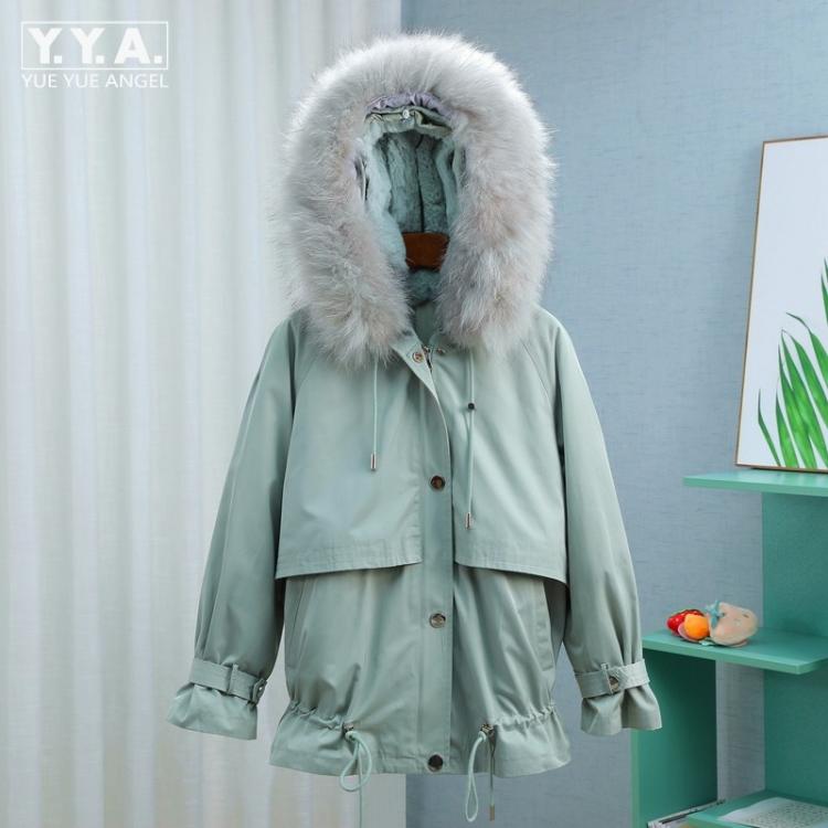 all in one place בגדי נשים Women Fur Collar Detachable Parkas Winter Casual Rabbit Fur Hooded Beading Jacket High Street White Medium Long Jacket Female