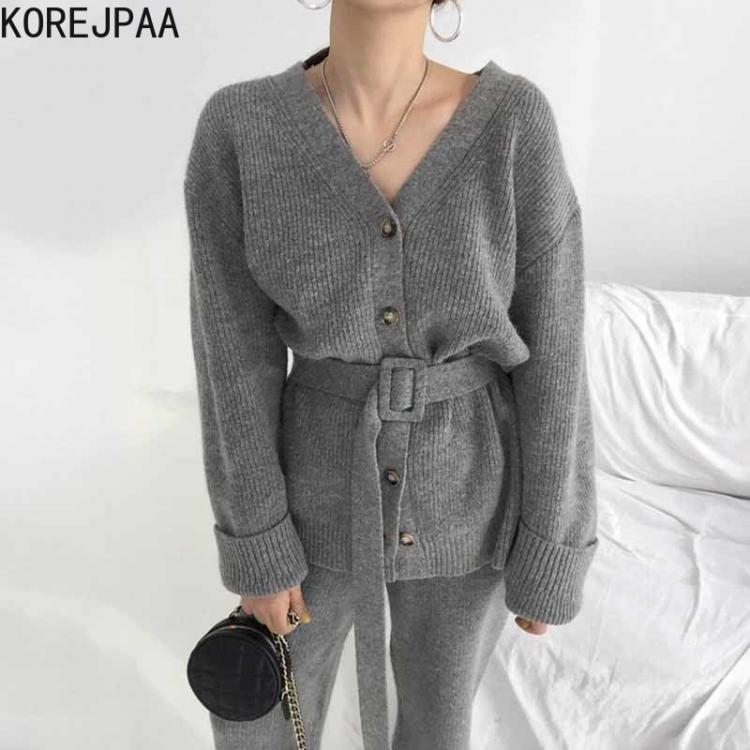 all in one place בגדי נשים Korejpaa Elegant Two Piece Set Women V-neck Single-breasted Lace-up Long-sleeved Knitted Cardigan High Waist Wide Leg Pants