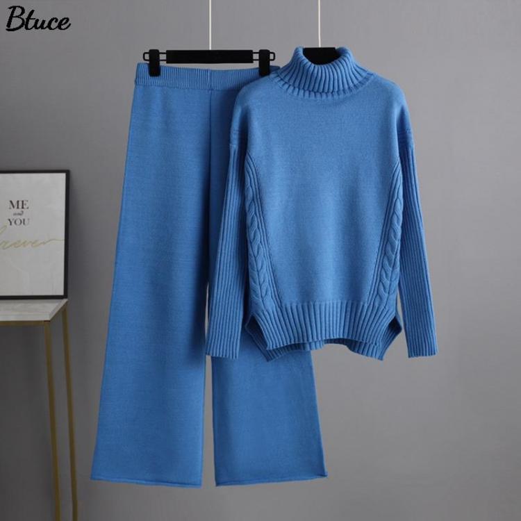 all in one place בגדי נשים 2021 Women 2 Piece Knitted Pant Set For Autumn Winter Female Casual Cable Twist Sweaters Side Split Top Long Wide Leg Pants Suit